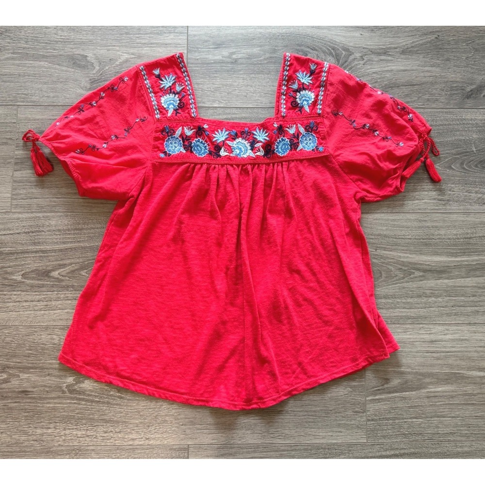 Time‎ and Tru Embroidered Peasant Top Small Red Boho Floral Puff Sleeve Festival